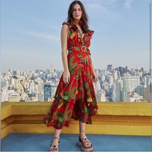 FARM RIO Red Forest Birds Midi Dress, Size Small, Like New Condition